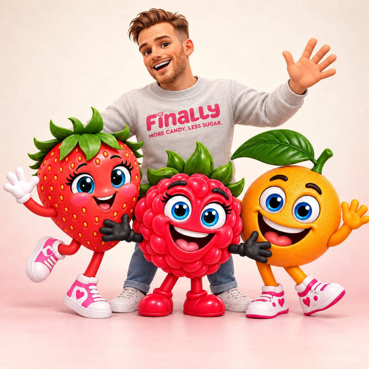 Maxim, founder of Finally, with the strawberry, raspberry and orange mascots